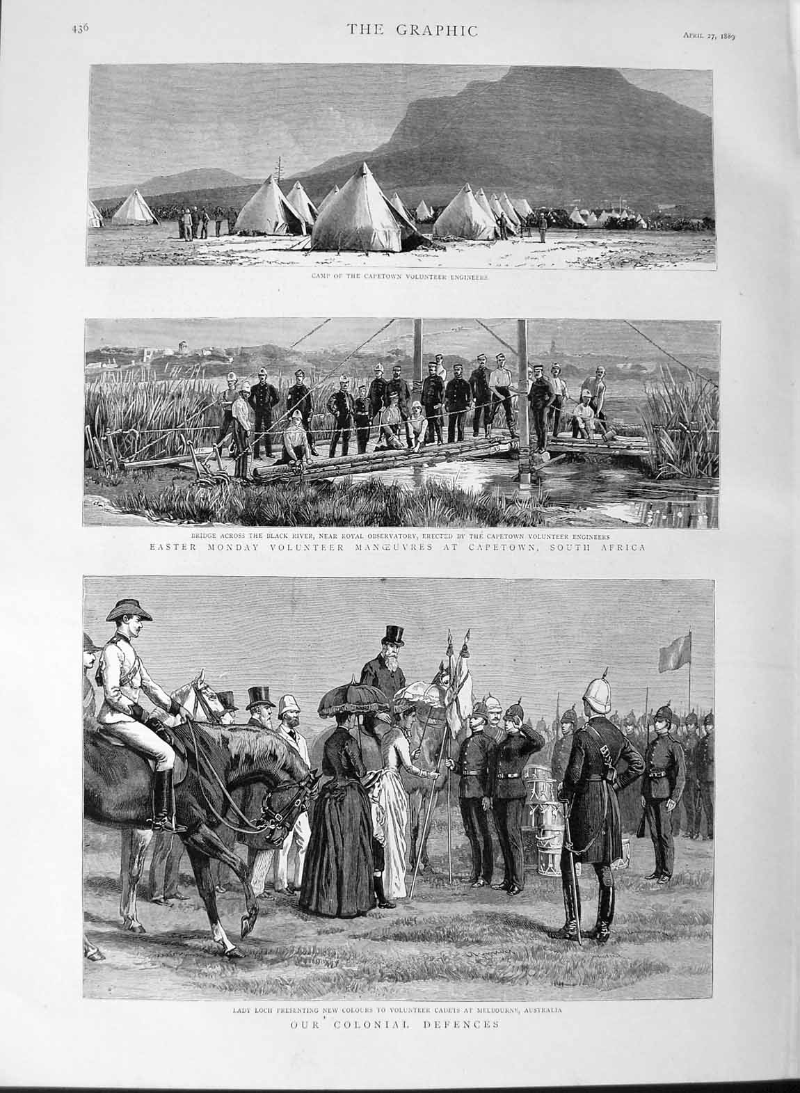 Old Antique Print 1889 Lady Loch Australia Camp Engineers Capetown Africa 19th