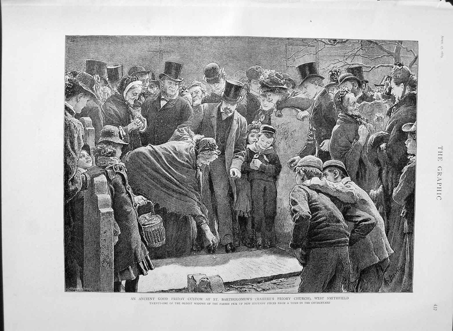 Original Old Antique Print 1889 Good Friday Bartholomews Rahere Priory Church
