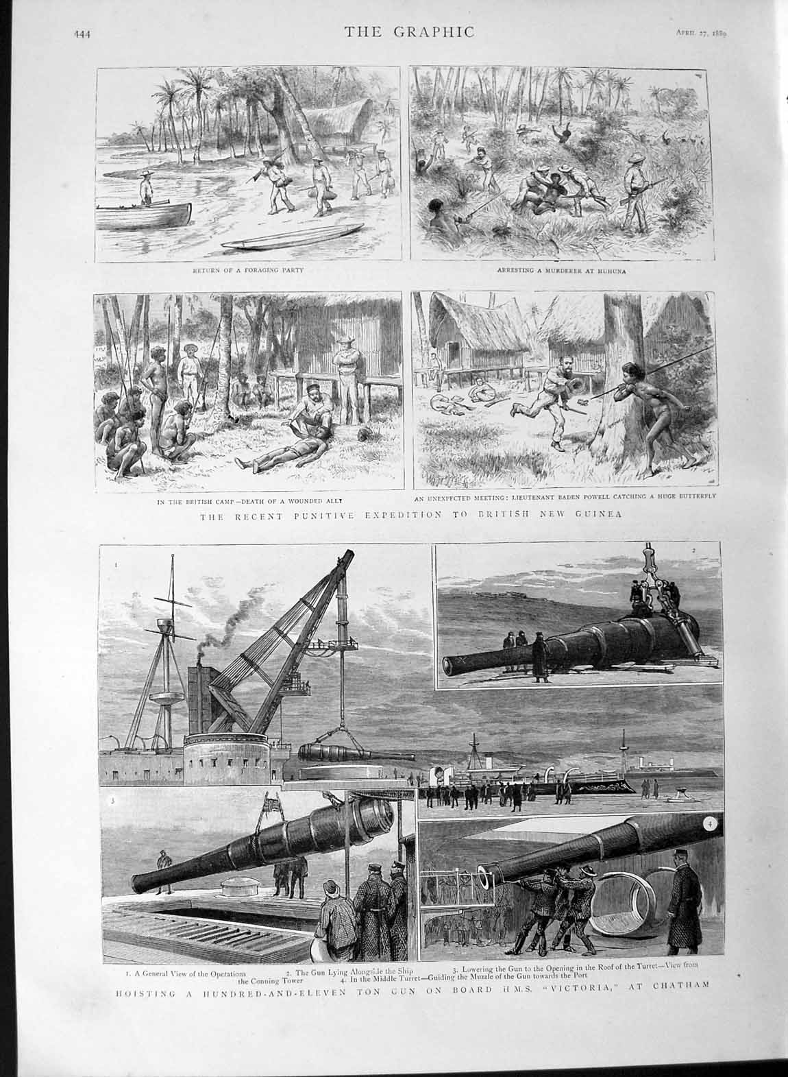Old Antique Print 1889 Canon Gun Victoria Ship Chatham British New Guinea 19th