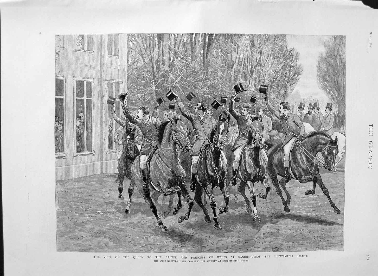 Original Old Antique Print 1889 Queen Prince Wales Sandringham Norfolk Huntsmen