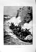 Original Old Antique Print 1889 Fine Art Ship Wreck Rescue Boat 19th