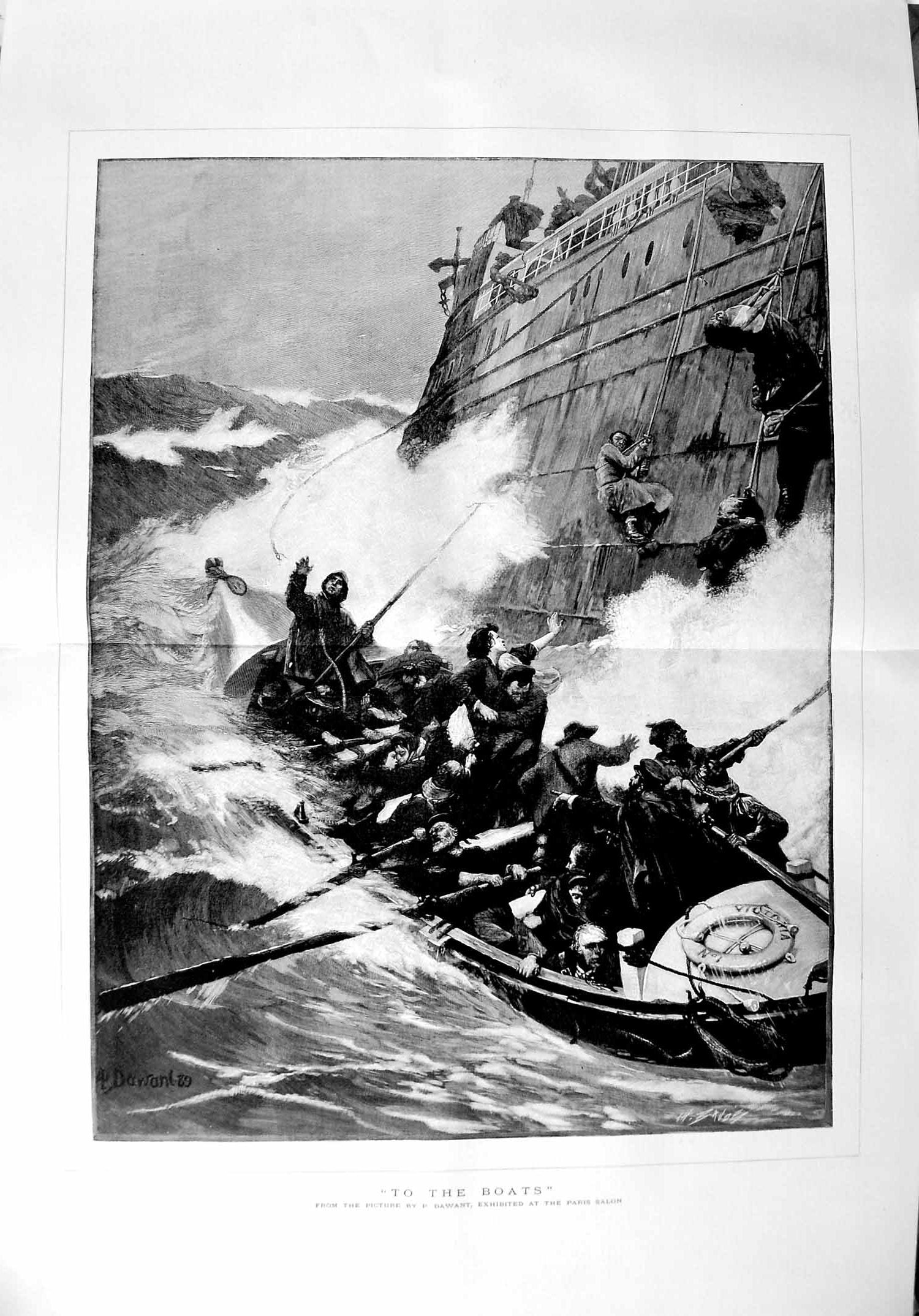 Original Old Antique Print 1889 Fine Art Ship Wreck Rescue Boat 19th