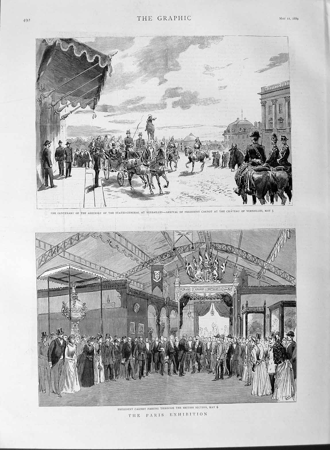 Original Old Antique Print 1889 Paris Exhibition President Carnot Versailles