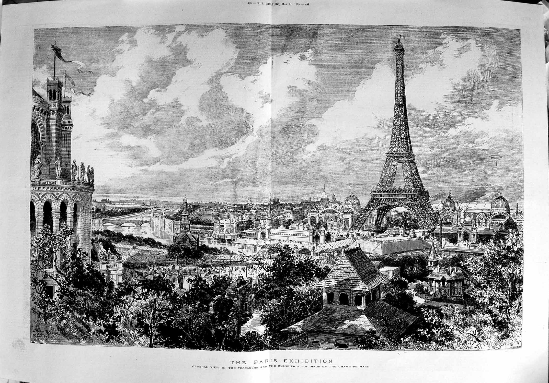 Original Old Antique Print 1889 Paris Eifell Tower Trocadero Champ Victorian