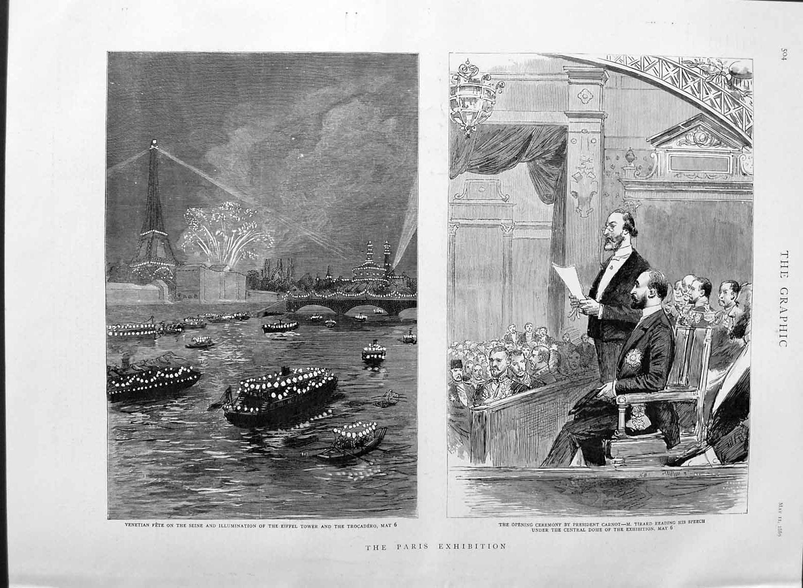 Old Antique Print 1889 Paris River Seine Eiffel Tower Carnot Tirard Boats 19th