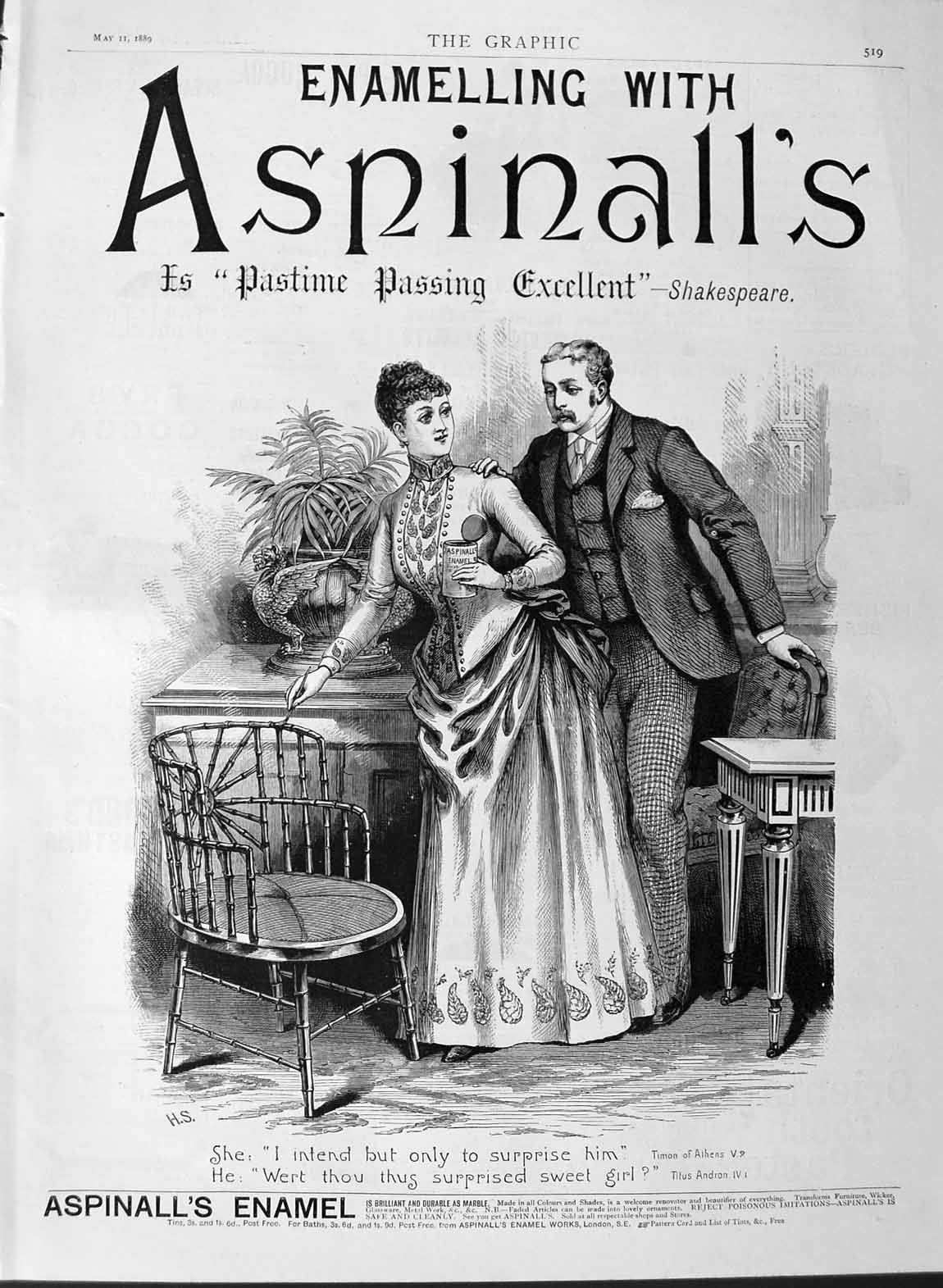 Original Old Antique Print 1889 Advertisement Aspinall'S Enamel London L 19th