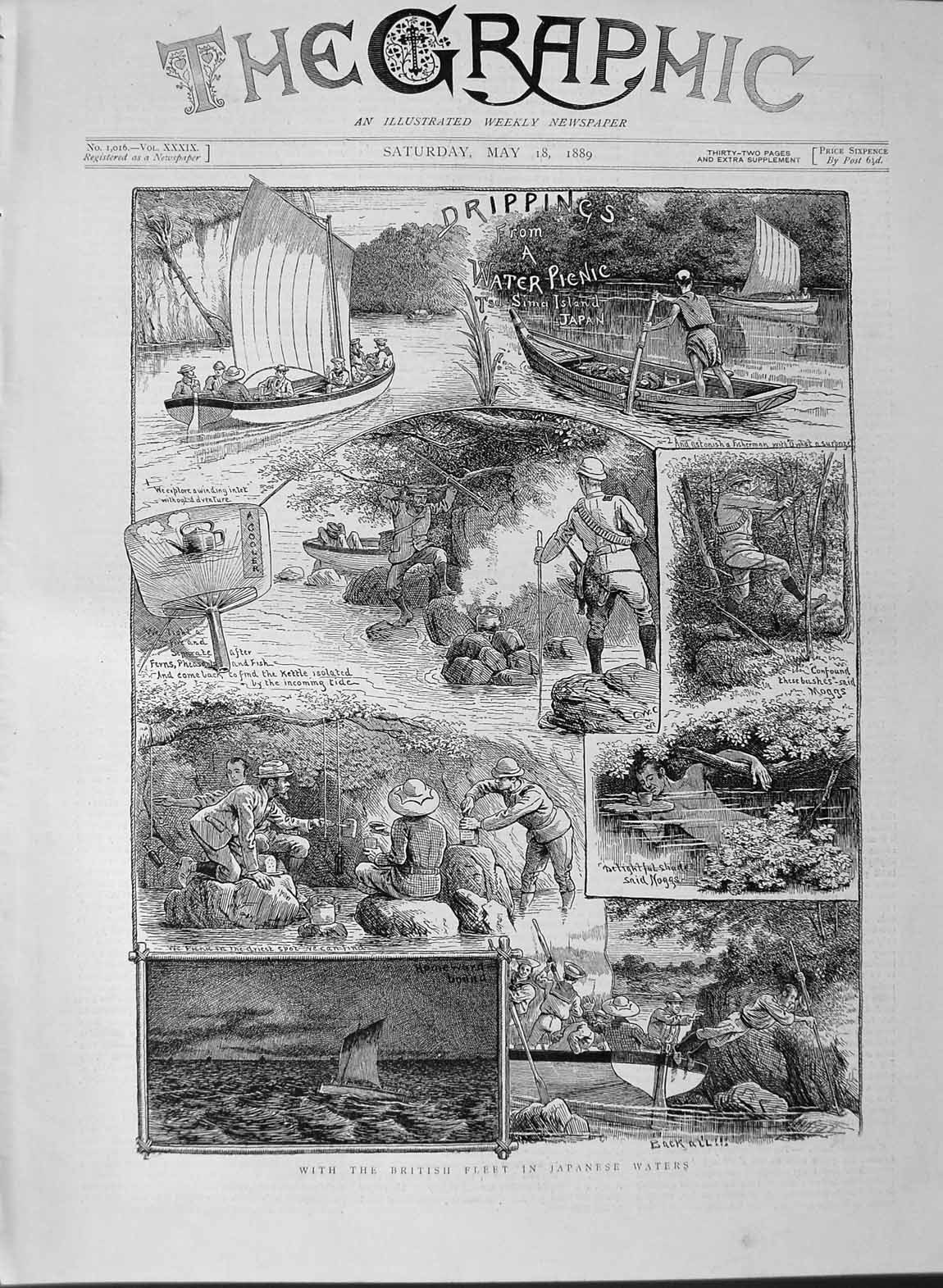 Original Old Antique Print 1889 British Ships Japanese Waters River Picn 19th