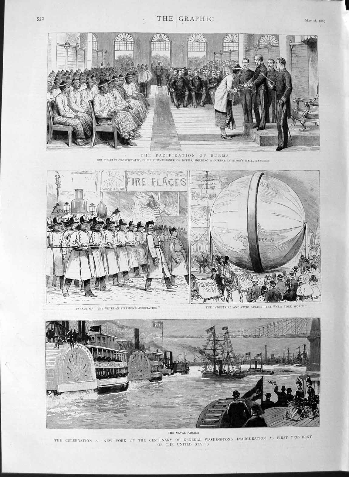 Original Old Antique Print 1889 General Washington America Burma Cros Victorian