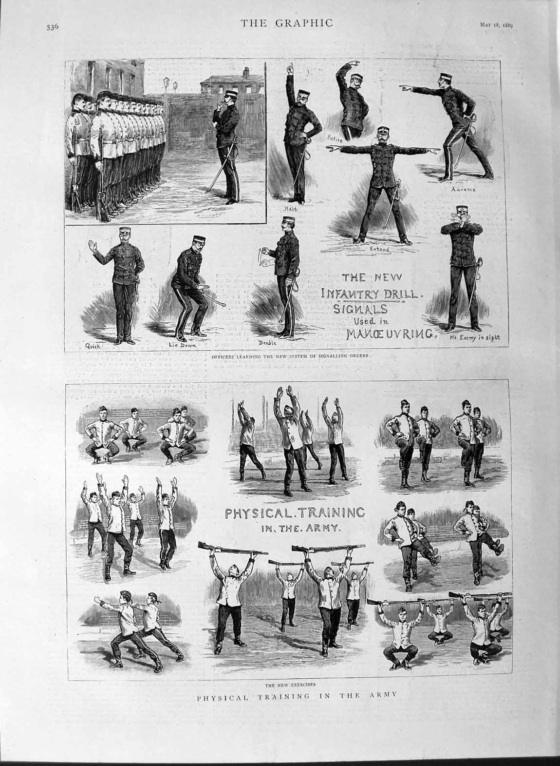 Old Antique Print 1889 Physical Training Army Infantry Drill Signals War 19th