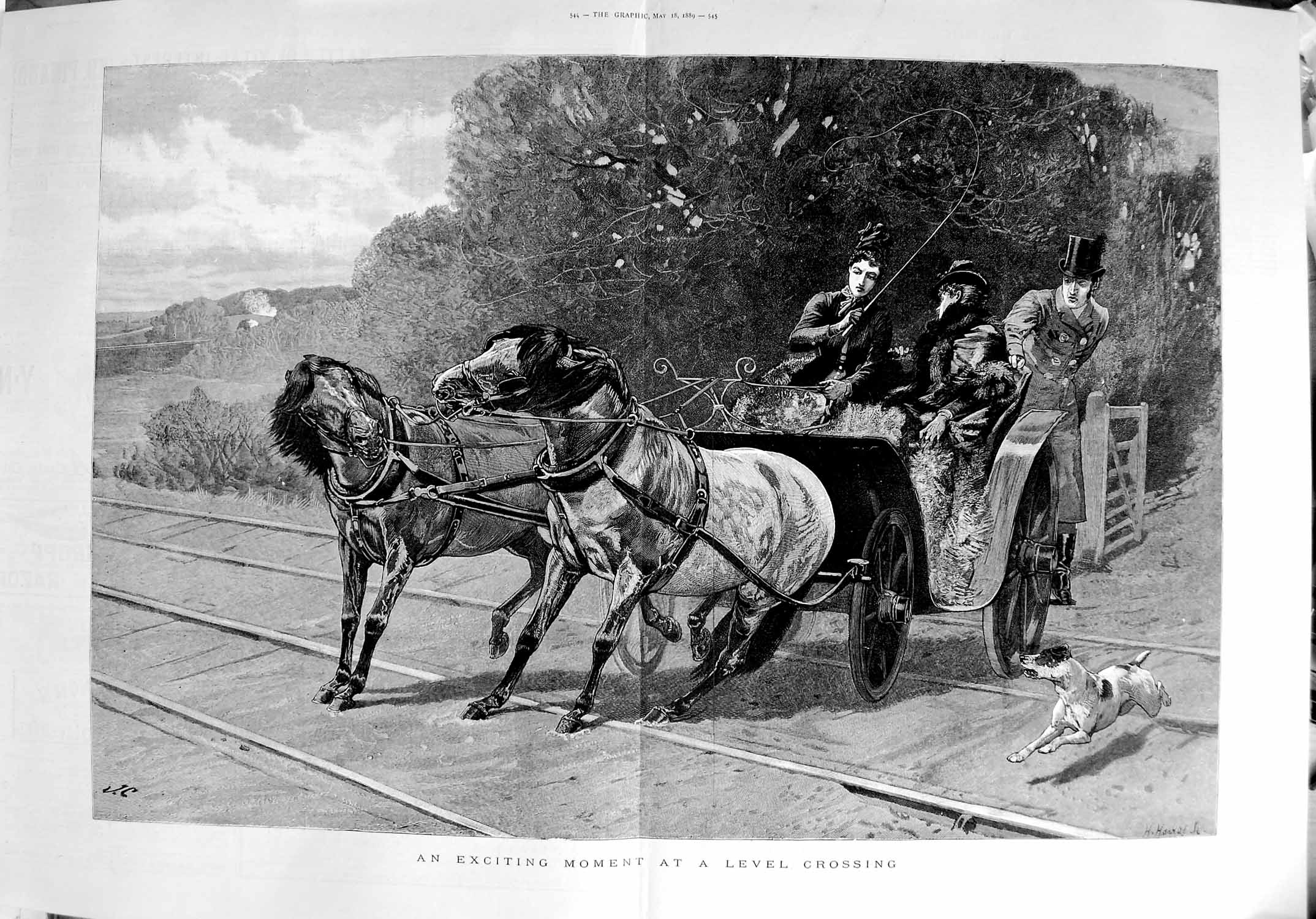 Old Antique Print 1889 Level Crossing Train Railway Horses Carriage Art 19th