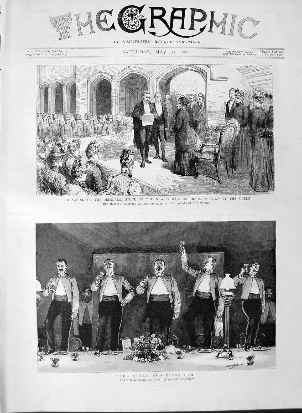 Old Antique Print 1889 Queen Birthday Sierra Leone School Eton Memorial 19th