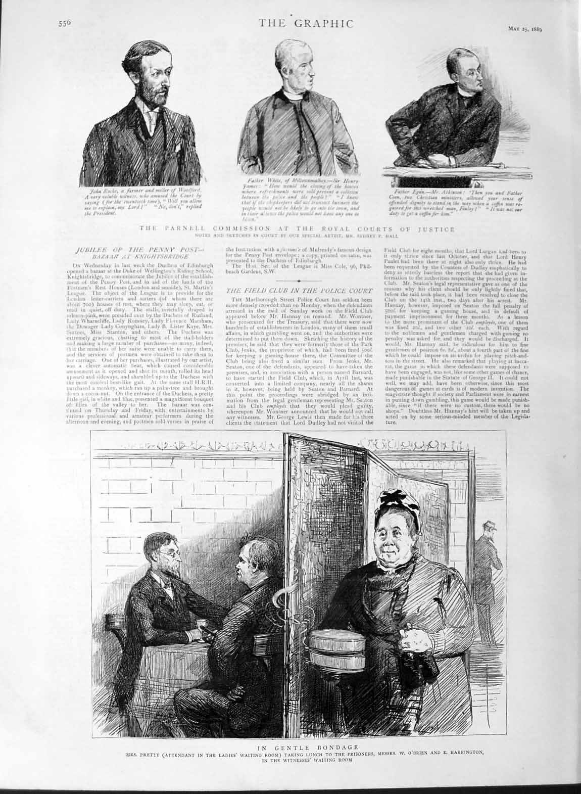 Original Old Antique Print 1889 Pretty Police Court Parnell Royal Court Justice