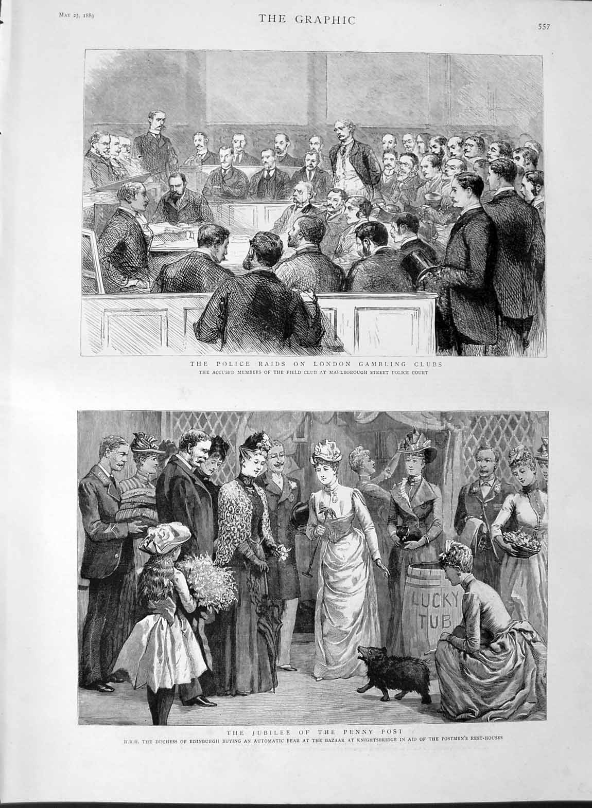 Original Old Antique Print 1889 London Gambling Police Raids Penny Post Ed 19th