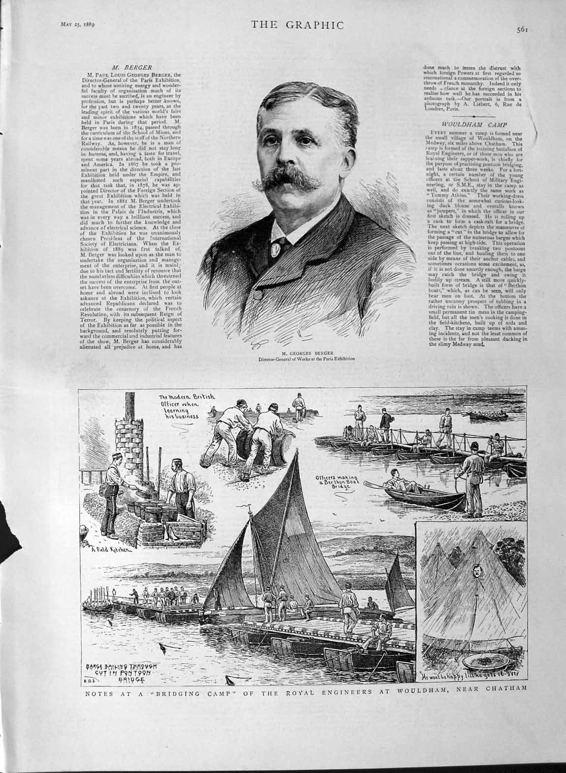 Original Old Antique Print 1889 Georges Berger Bridging Camp Wouldham Victorian