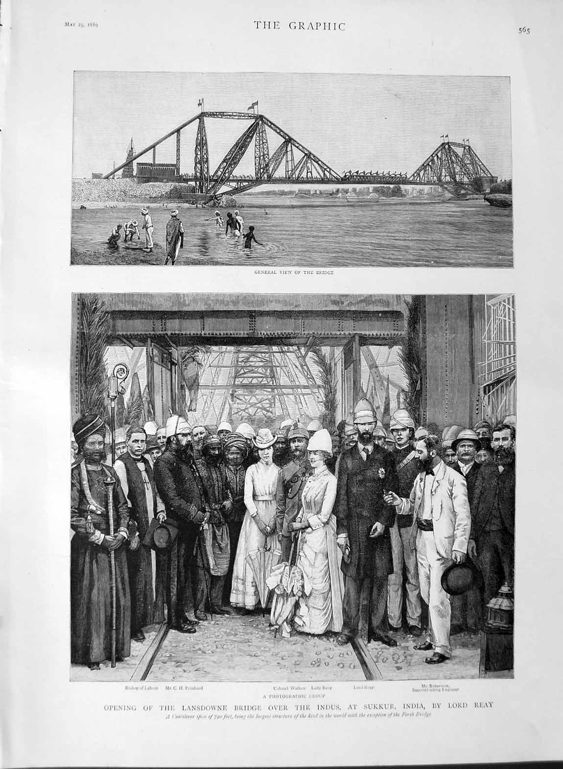 Original Old Antique Print 1889 Lansdowne Bridge Indus India Lord Reay 19th