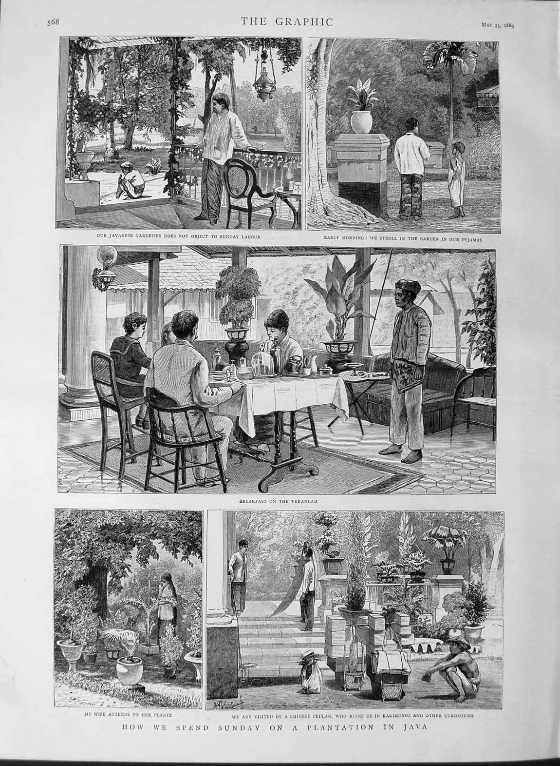 Original Old Antique Print 1889 Plantation Java Chinese Pedlar Javanese Gardens