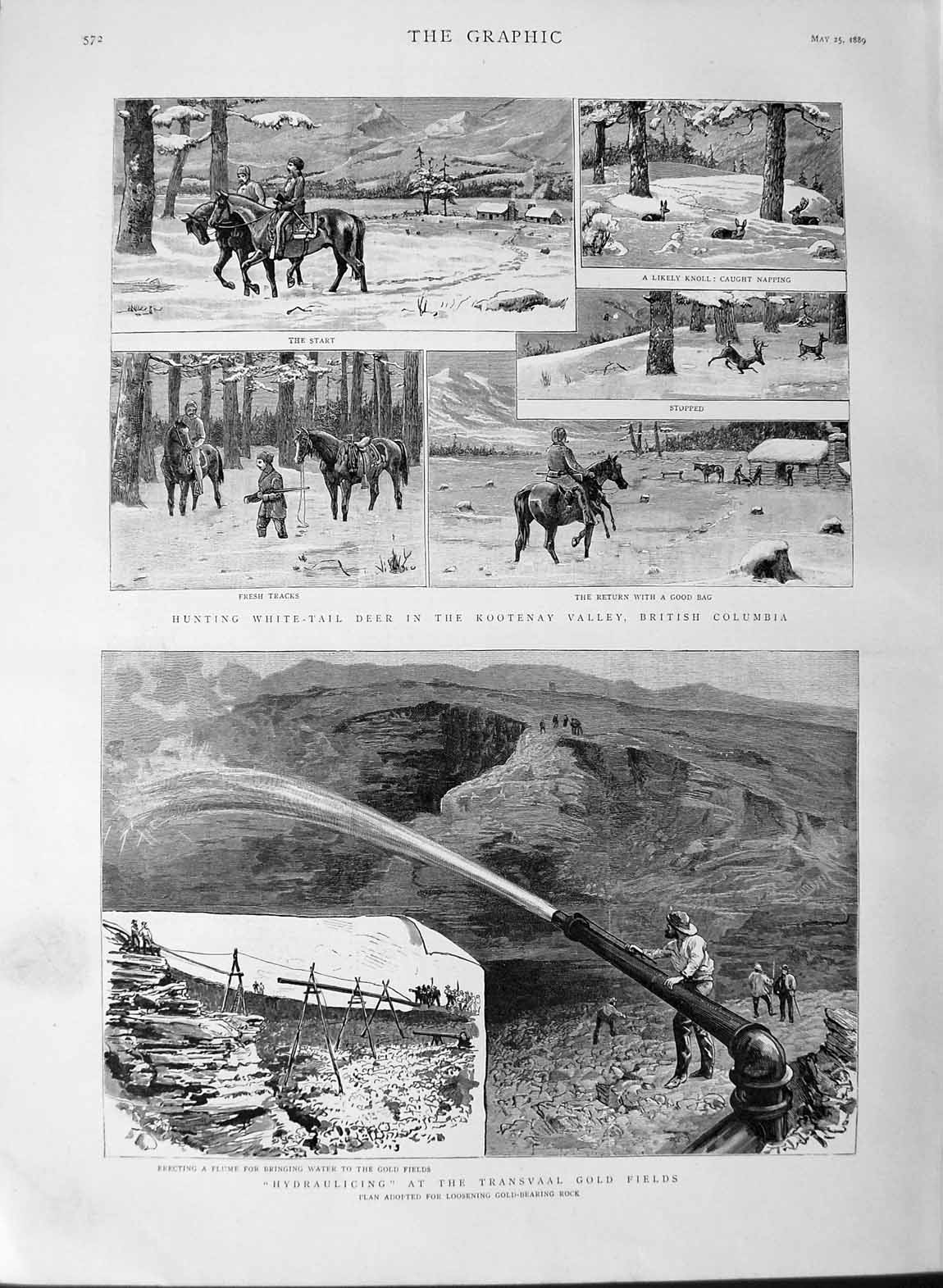 Original Old Antique Print 1889 Hunting Deer Columbia Transvaal GFields Mining