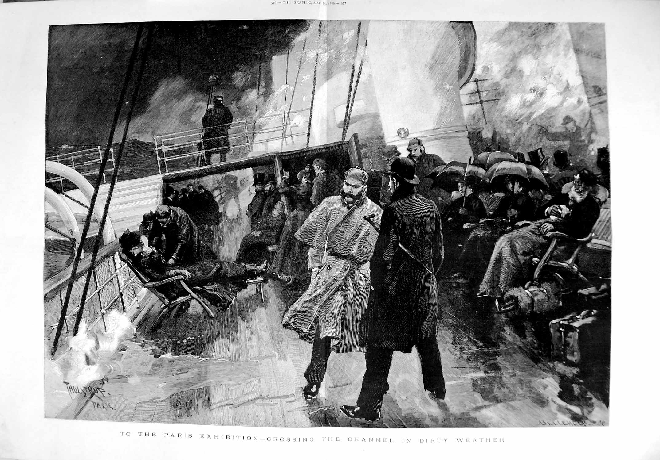 Original Old Antique Print 1889 Fine Art English Channel Ship Stormy Sea 19th