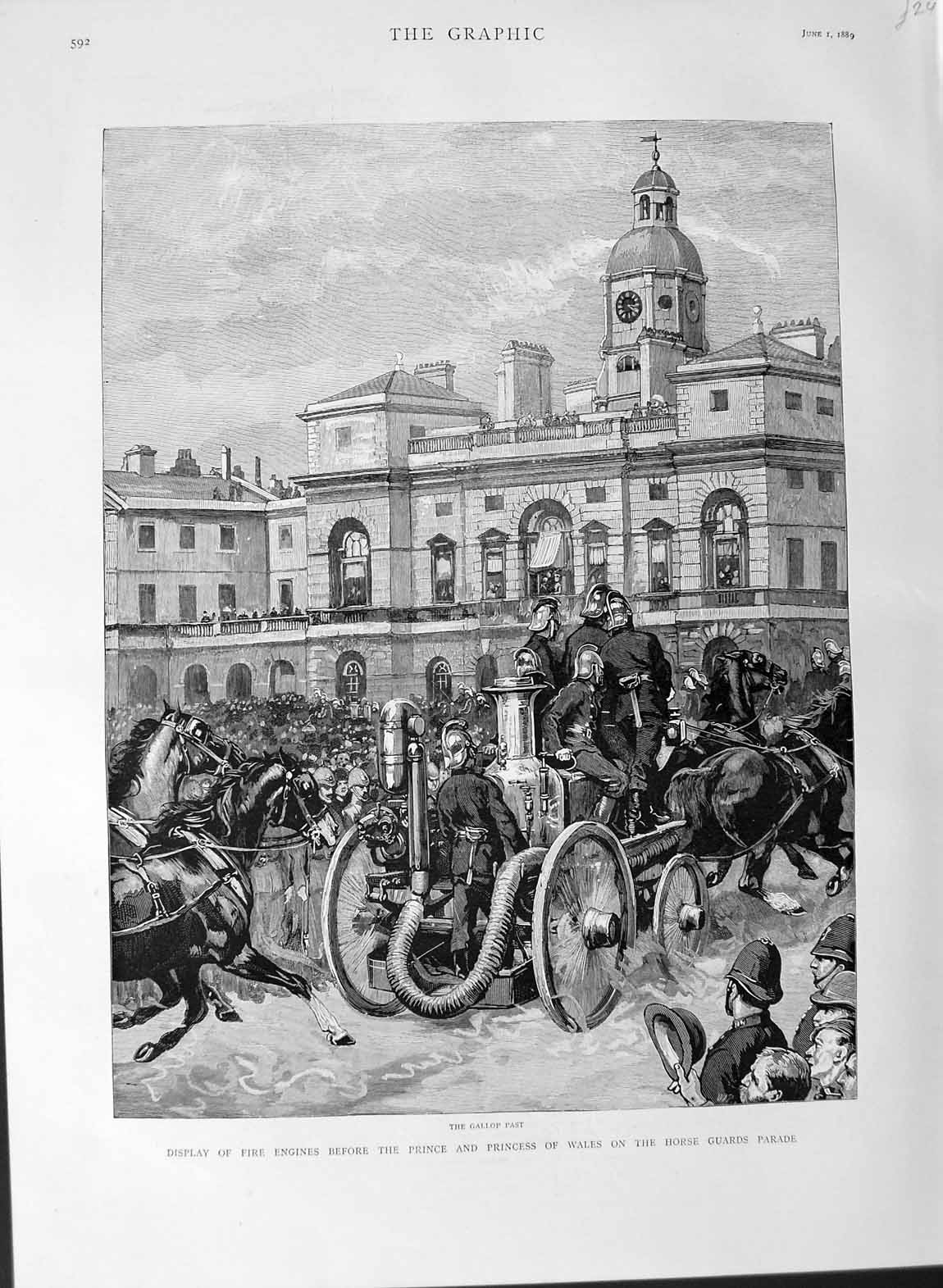 Original Old Antique Print 1889 Fire Engines Prince Wales Horse Guards Parade