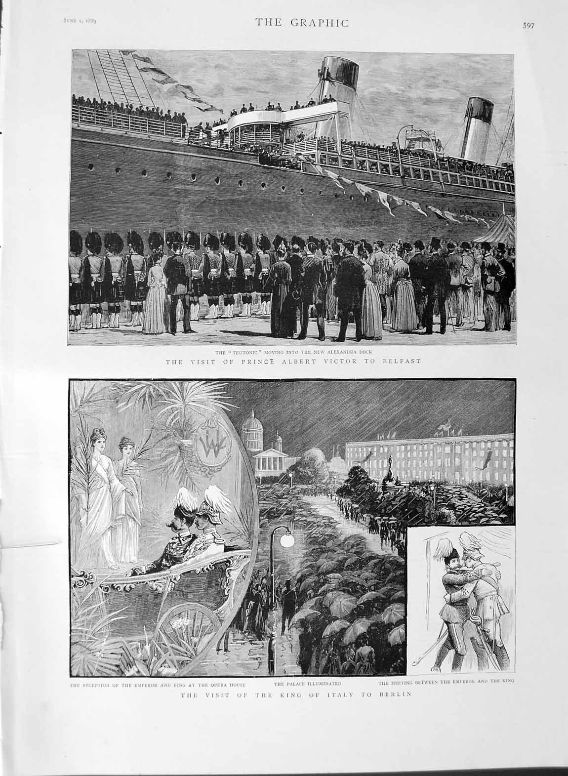 Old Antique Print 1889 Prince Victor Belfast Ship Teutonic Berlin Italy 19th