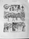 Original Old Antique Print 1889 Australia Lawn Tennis Farmyard Horse Romance