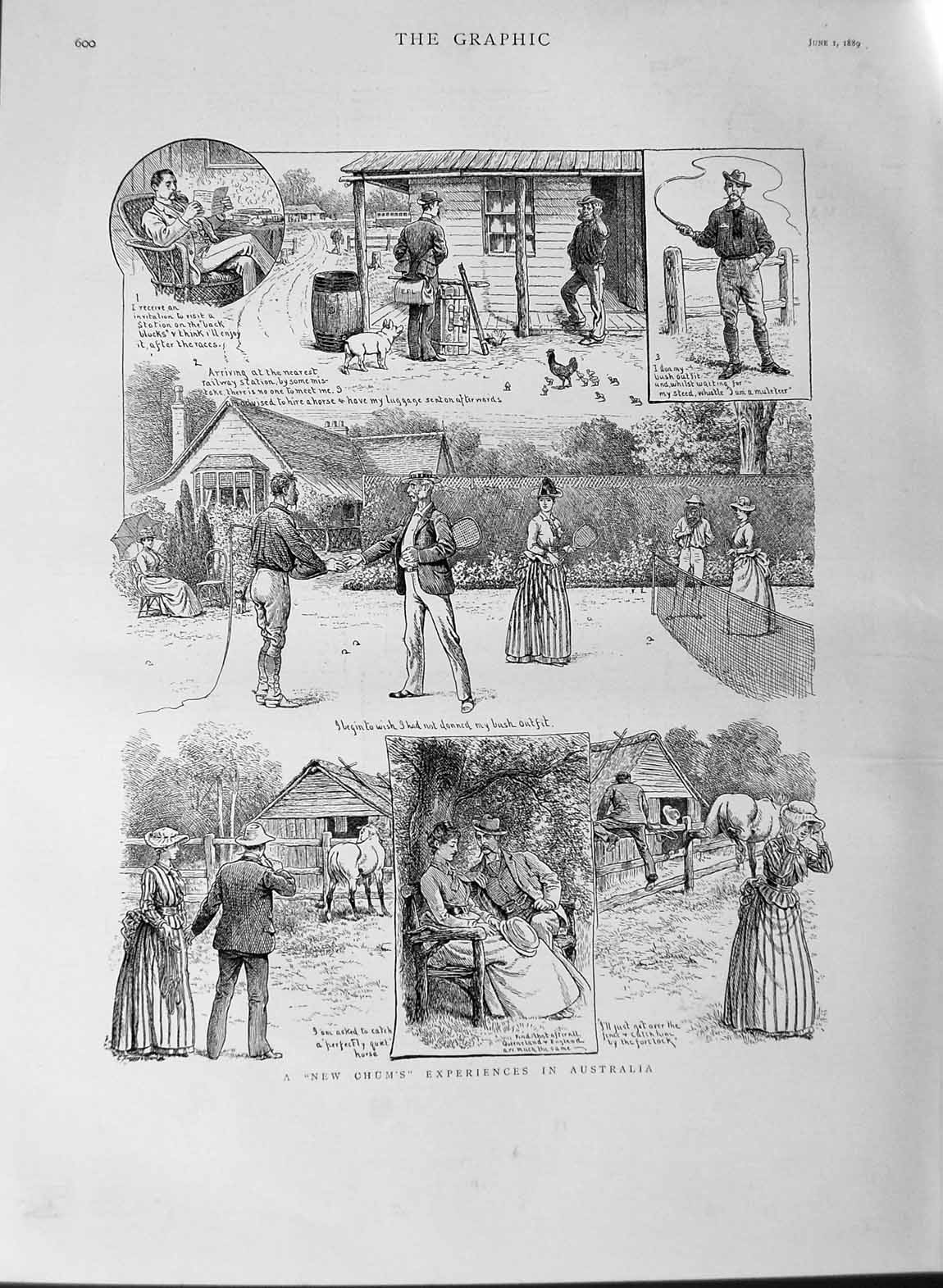 Original Old Antique Print 1889 Australia Lawn Tennis Farmyard Horse Romance