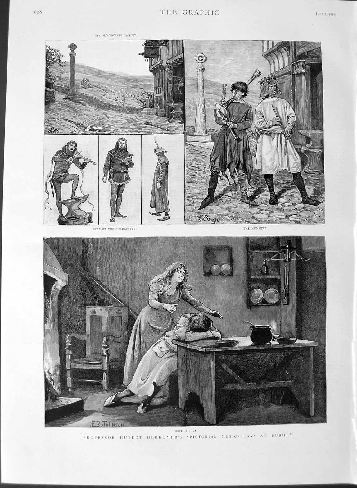 Original Old Antique Print 1889 Professor Hubert Herkomer Music Play Bushe 19th