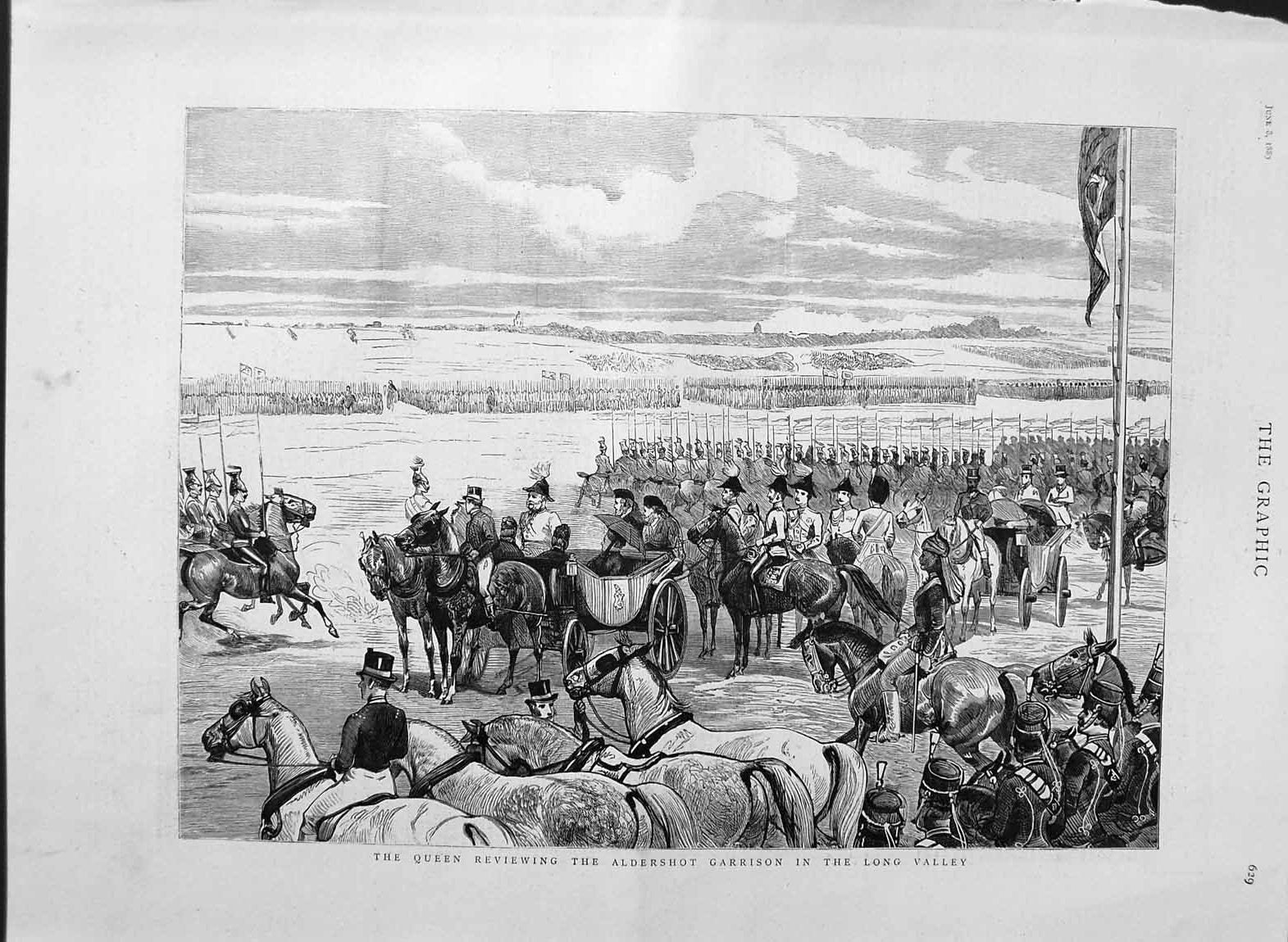 Old Antique Print 1889 Queen Aldershot Garrison Long Valley Horses Coach 19th