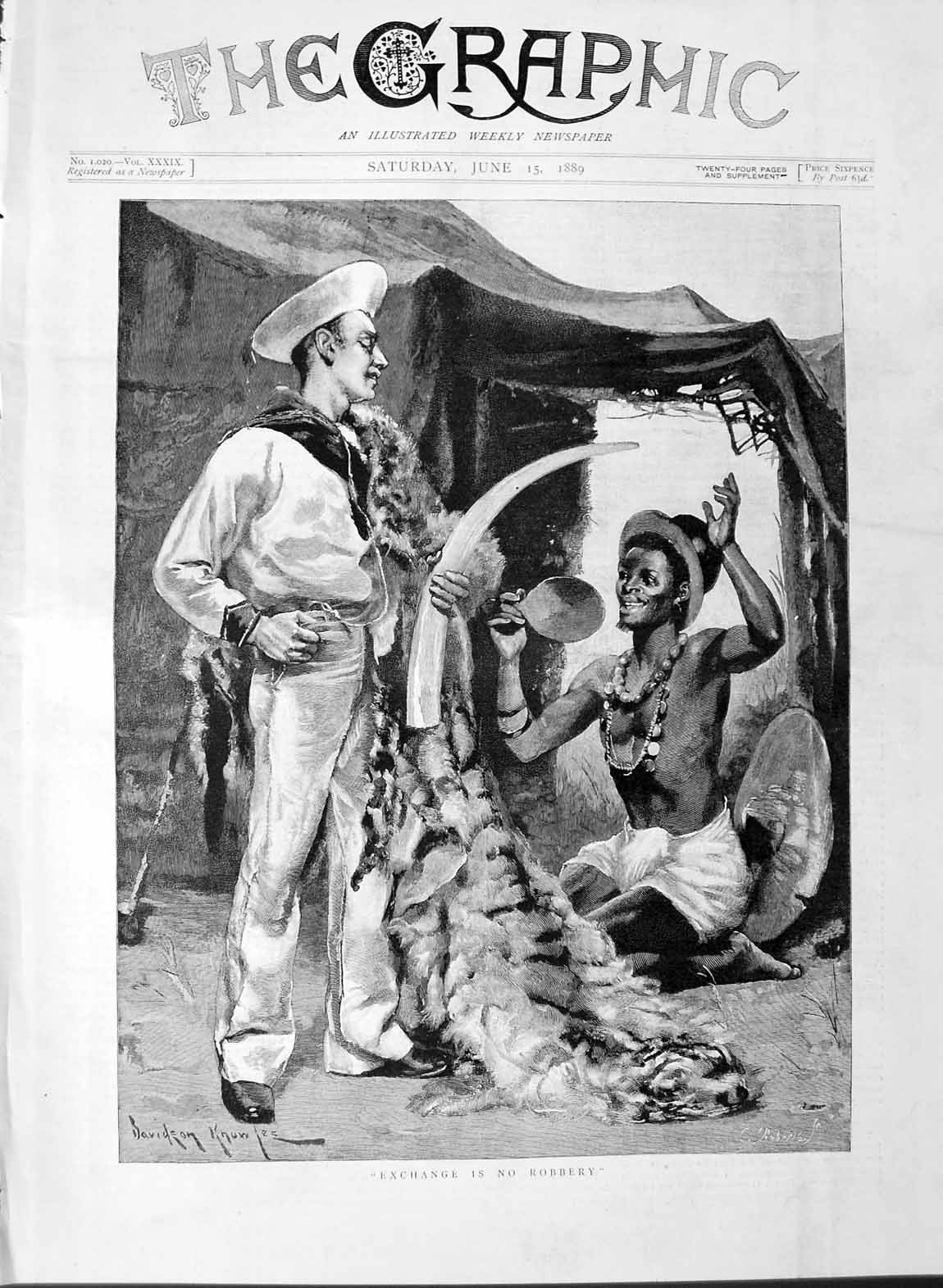 Original Old Antique Print 1889 Knowles Fine Art Sailor Native Man Ivory Tusk