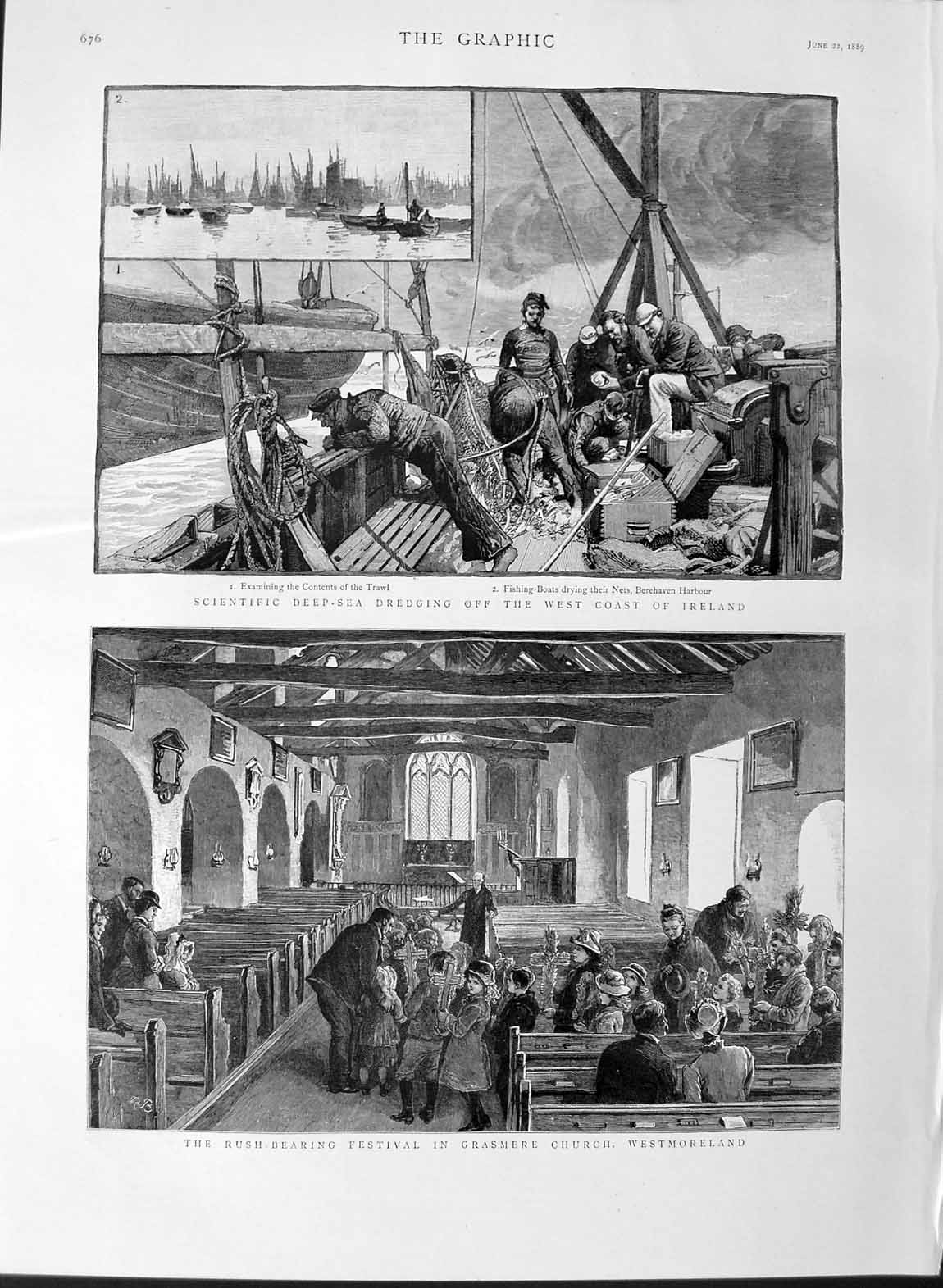 Original Old Antique Print 1889 Ireland Fishing Boats Berehaven Grasmere Church