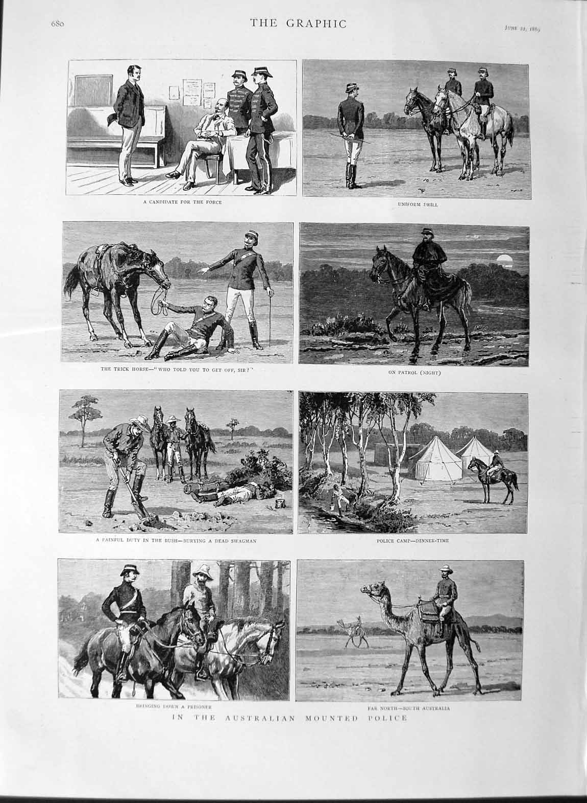 Original Old Antique Print 1889 Australian Mounted Police Camel Horses 19th