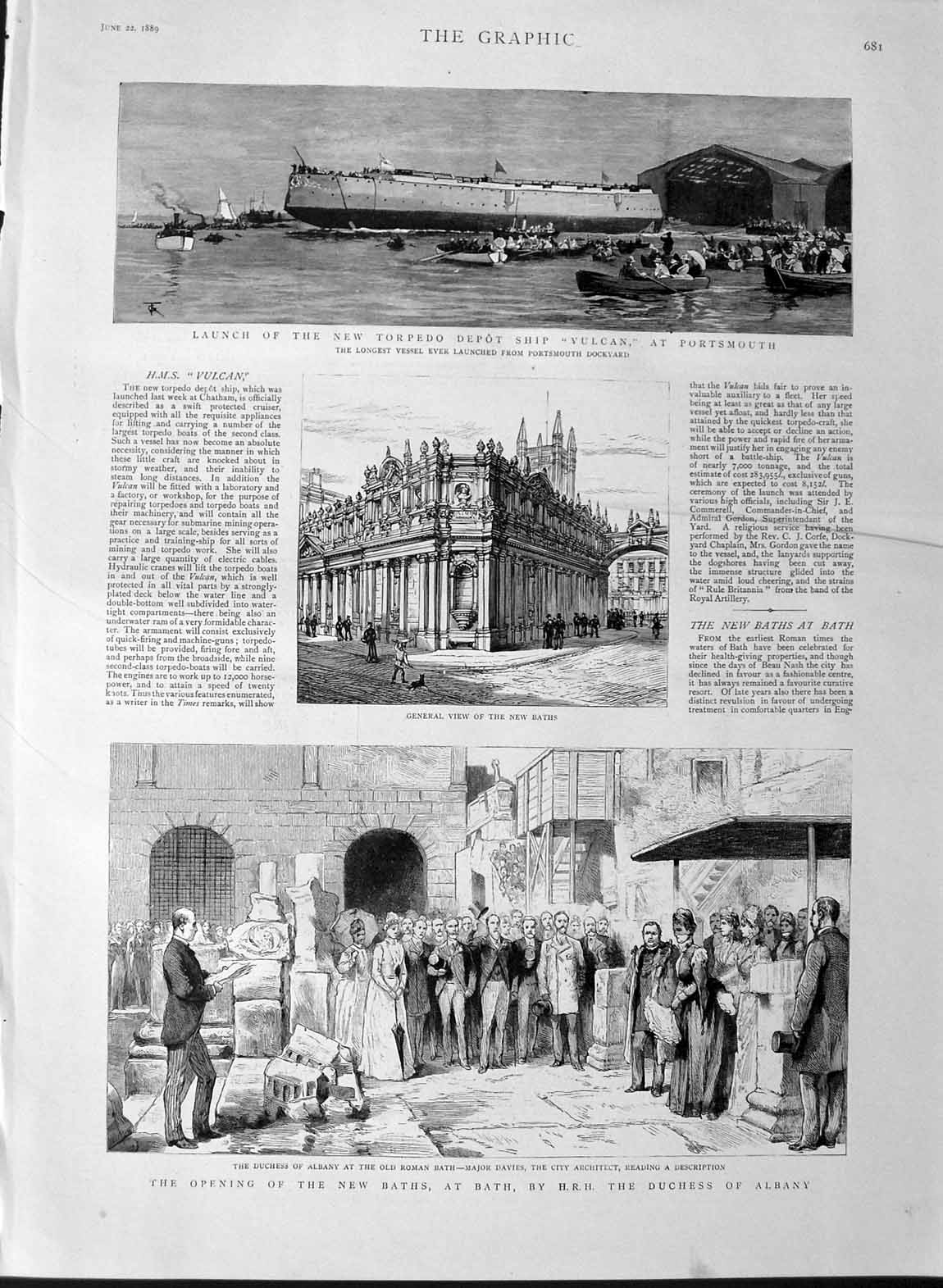 Original Old Antique Print 1889 Roman Baths Duchess Albany Torpedo Ship Vulcan