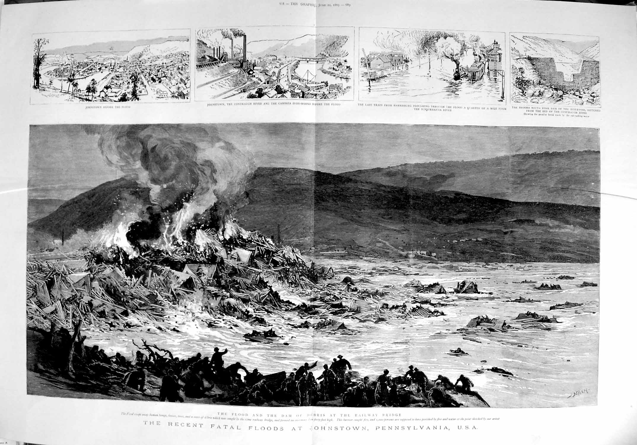 Original Old Antique Print 1889 Floods Johnstown Pennsylvania America Victorian