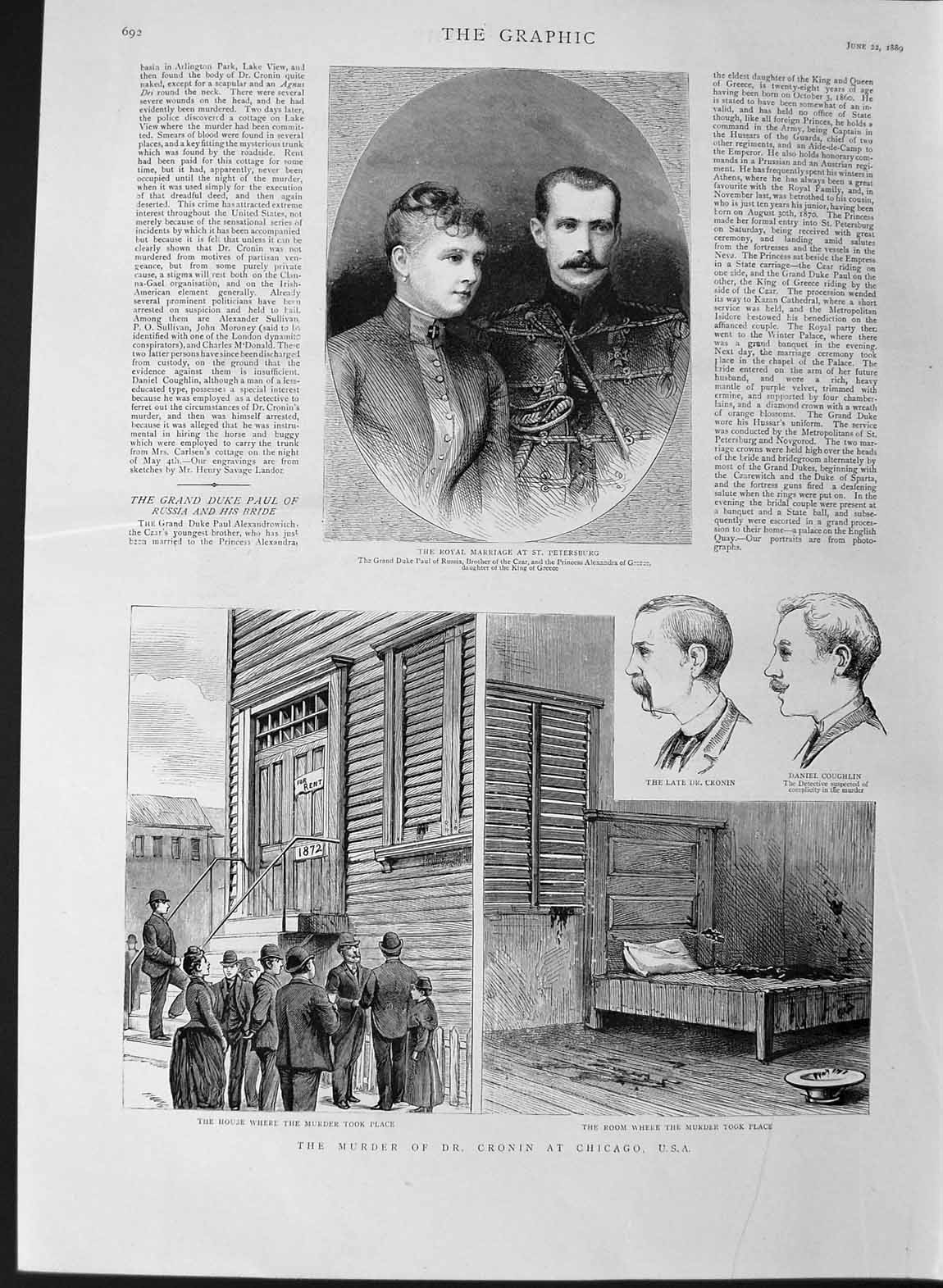 Old Antique Print 1889 Duke Russia Princess Greece Murder Cronin Chicago 19th