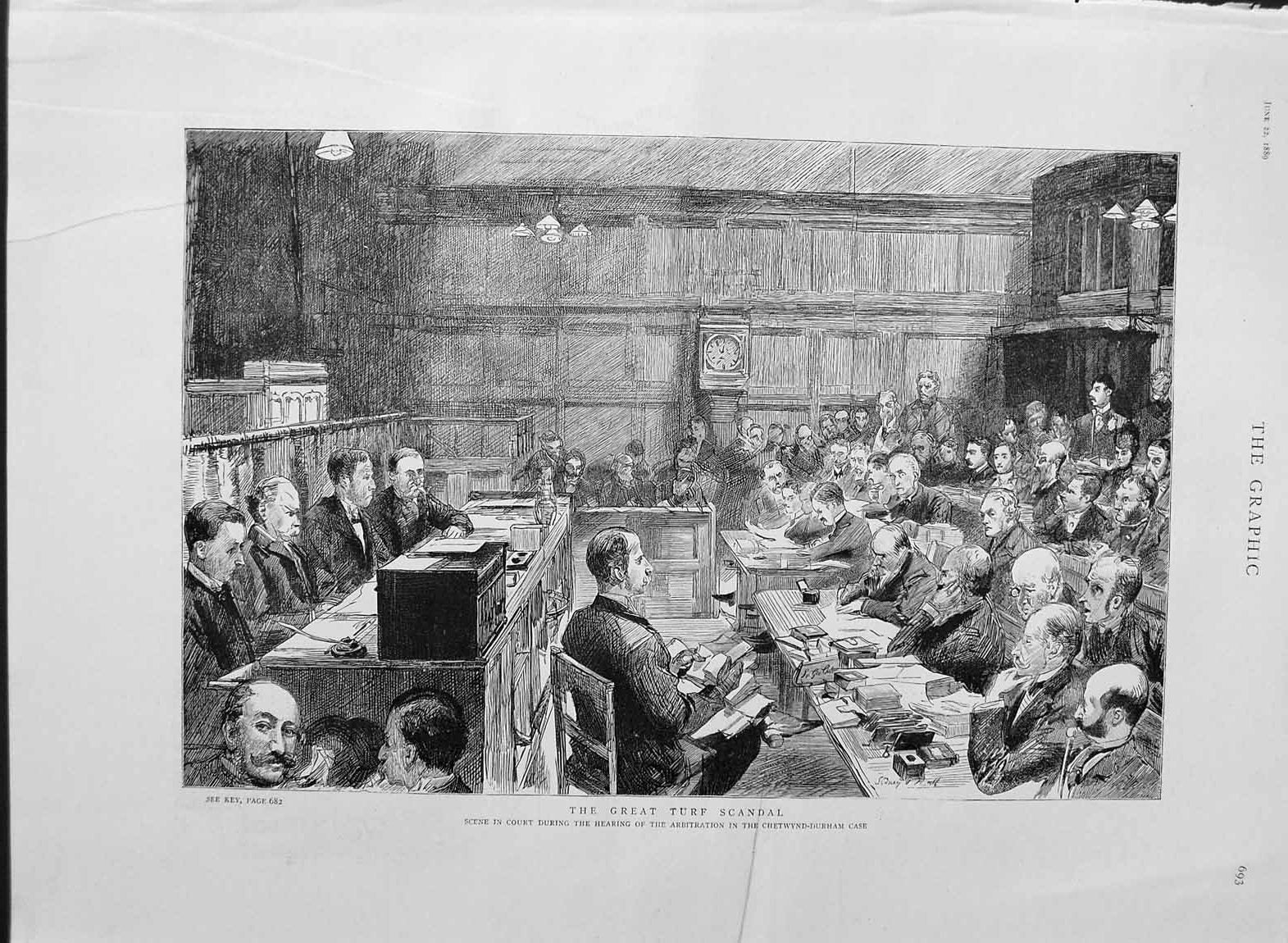 Original Old Antique Print 1889 Court Room Scene Chetwynd-Durham Turf Scandal