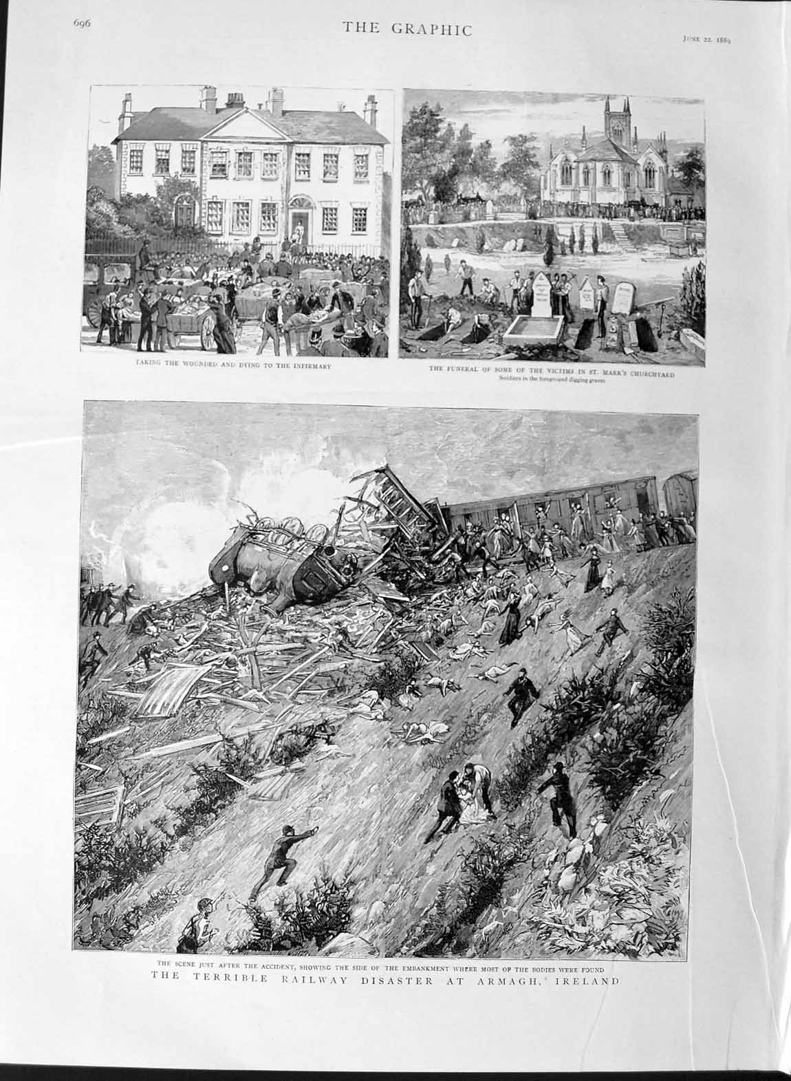 Original Old Antique Print 1889 Railway Crash Armagh Ireland Hospital Chu 19th