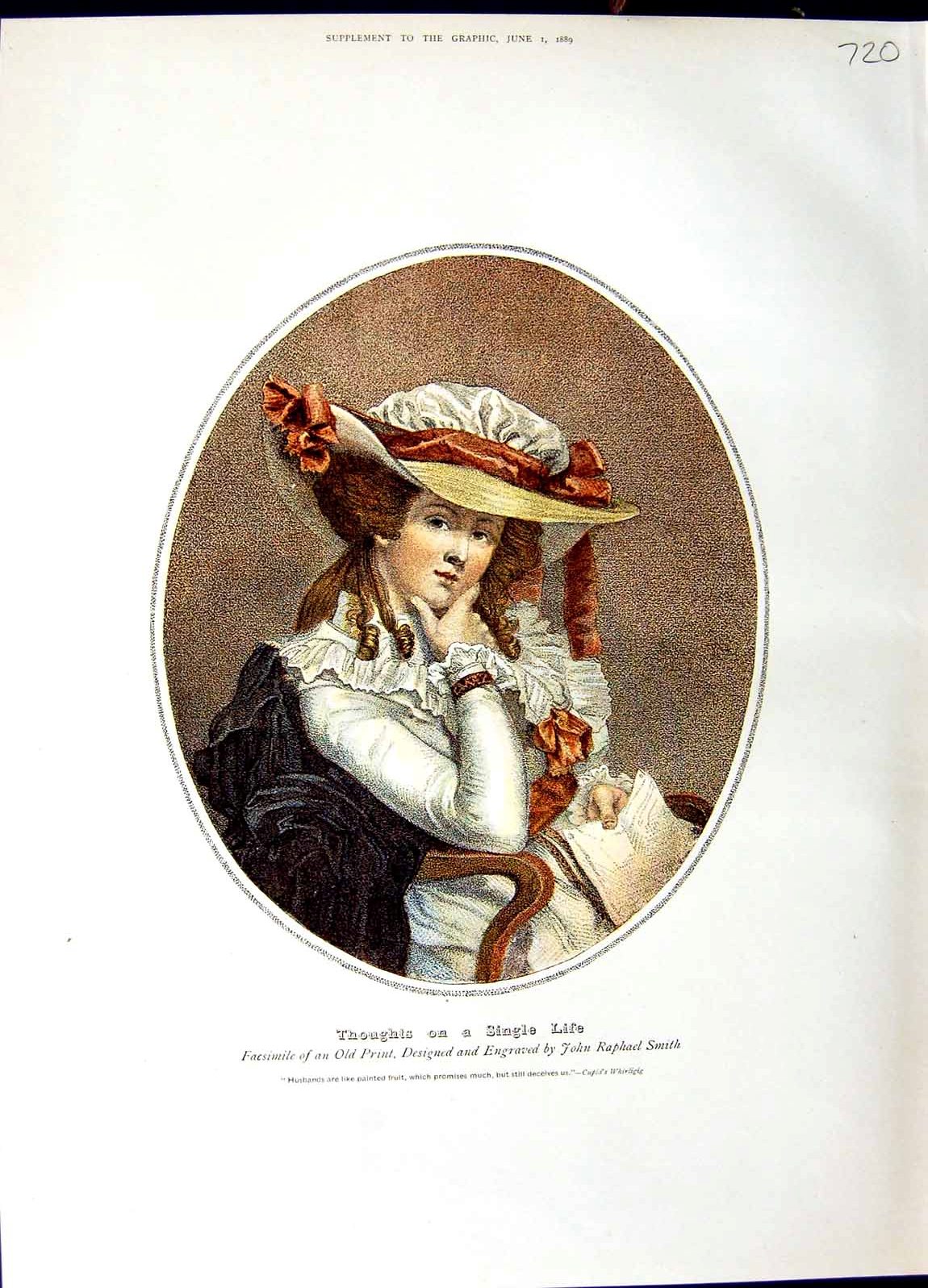 Original Old Antique Print 1889 Lady Thoughts Single Life John Raphael Smith