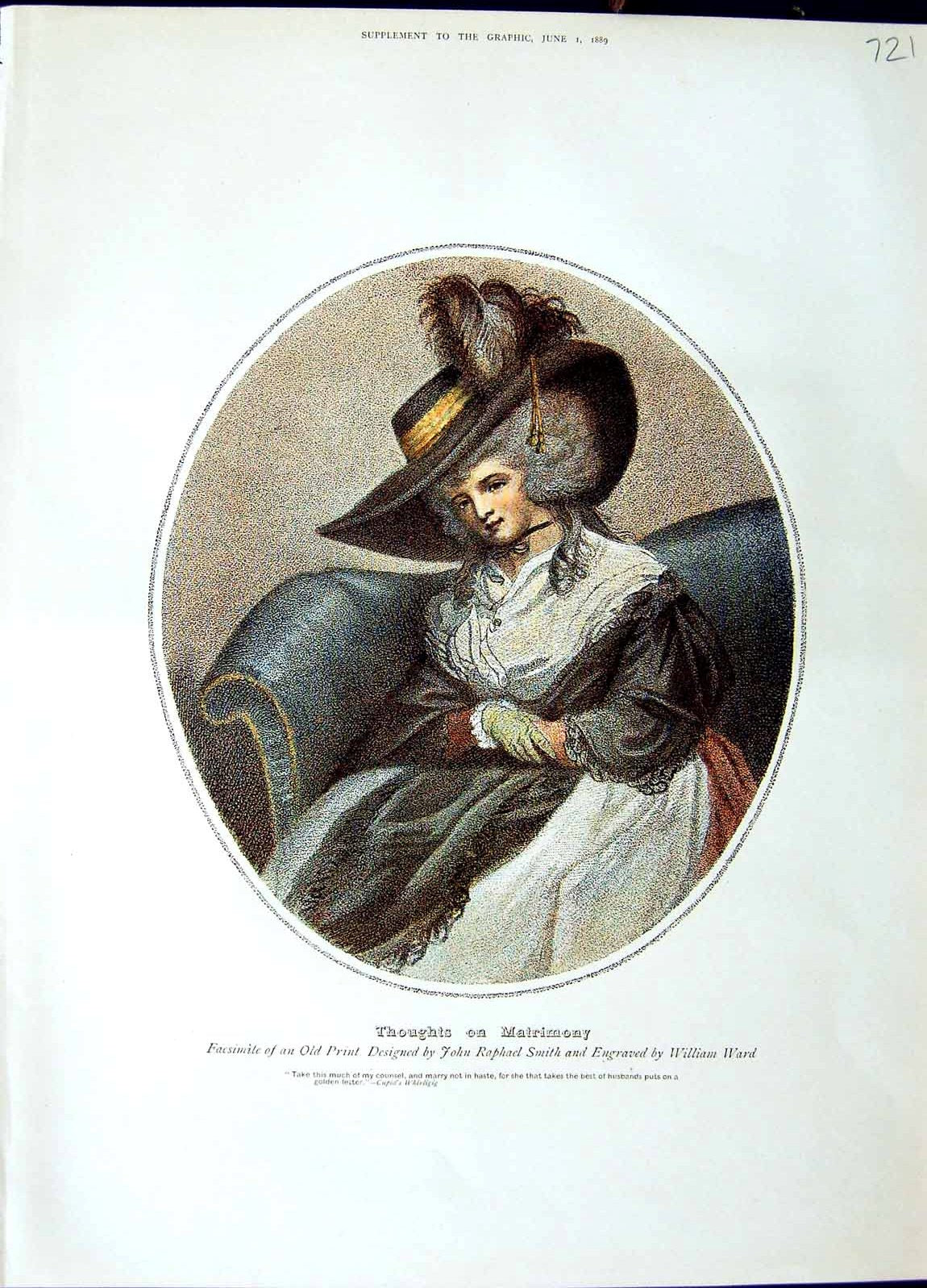 Original Old Antique Print 1889 Colour Thoughts Matrimony Lady Raphael Smith