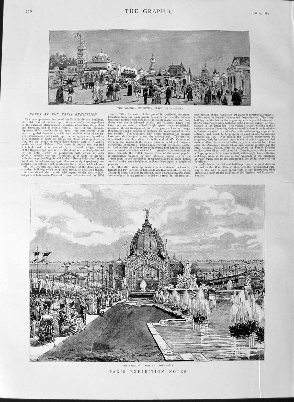 Original Old Antique Print 1889 Paris Exhibition Dome Fountains Place Invalides