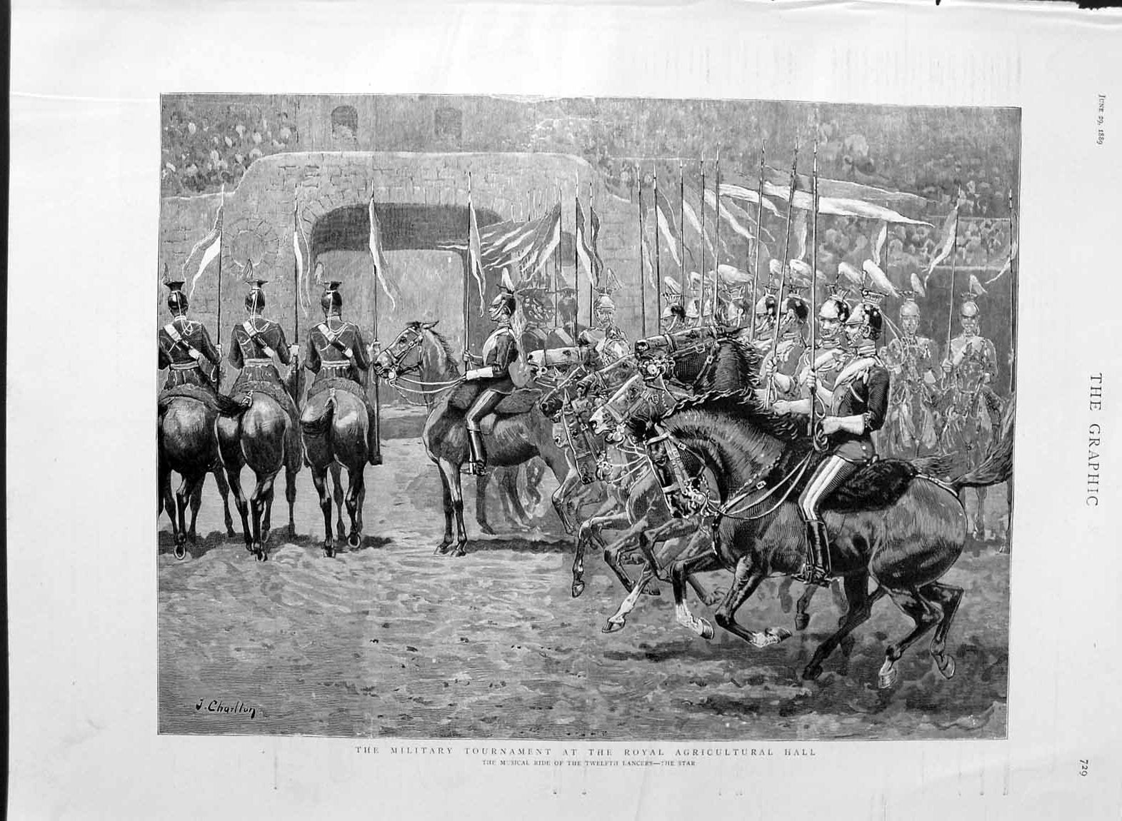 Old Antique Print 1889 Military Horses Agricultural Hall Twelfth Lancers 19th