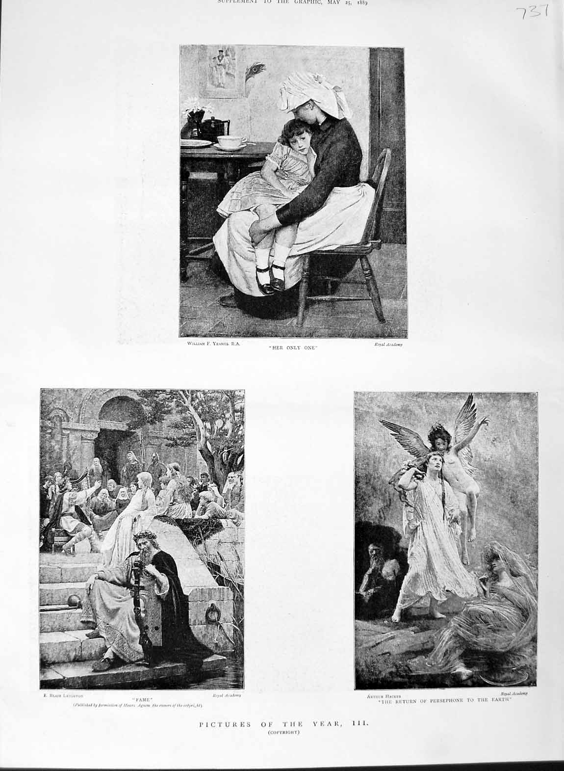 Original Old Antique Print 1889 Mother Little Girl Angels Man Harp People 19th