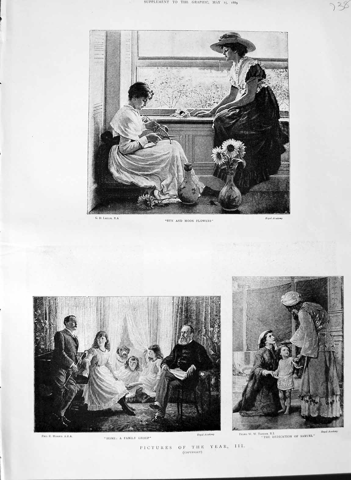 Original Old Antique Print 1889 Women Sun Moon Flowers Family Portrait People