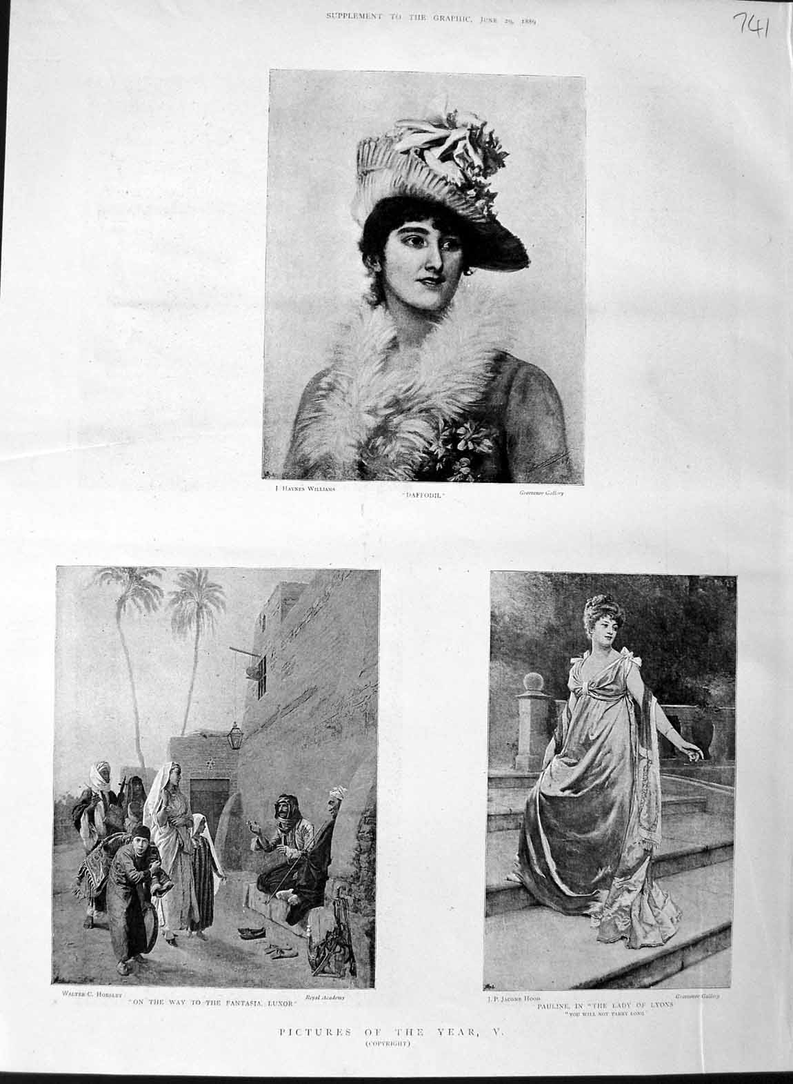 Original Old Antique Print 1889 Daffodil Lady Pauline Lady Lyons Theatre Luxor