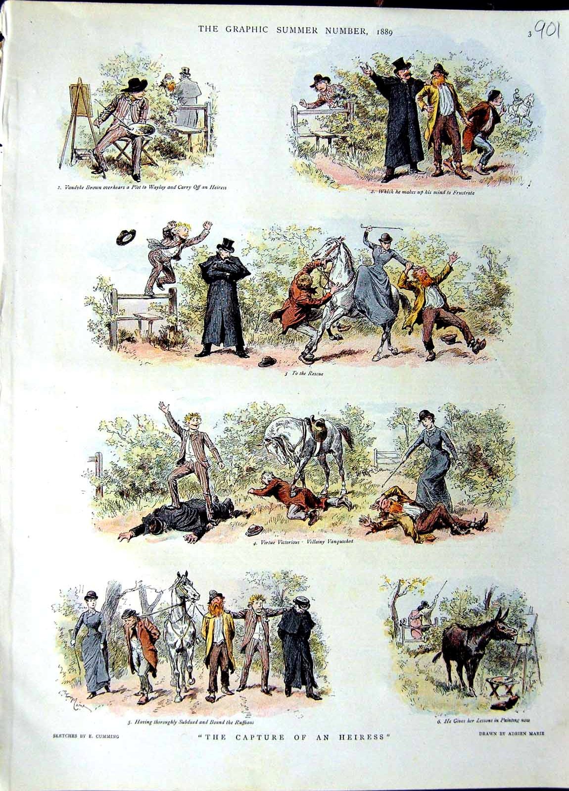 Original Old Antique Print 1889 Colour Scene Capture Heiress Horse Donkey 19th