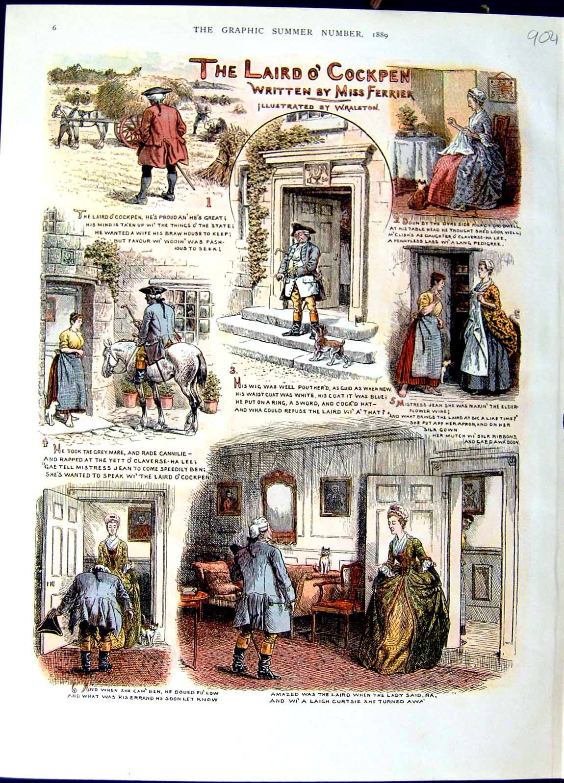 Old Antique Print 1889 Ralston Illustration Story Laird O'Cockpen Ferrier 19th