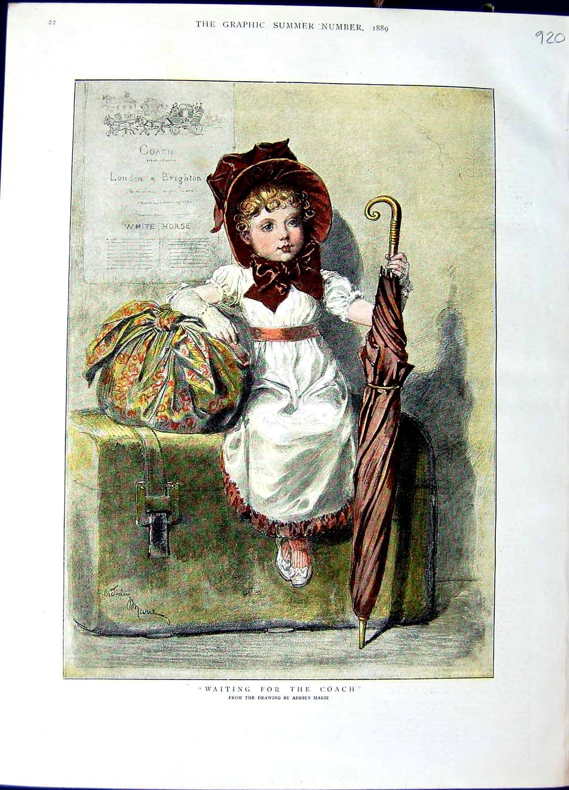 Original Old Antique Print 1889 Colour Adrien Marie Littl Girl Coach Station