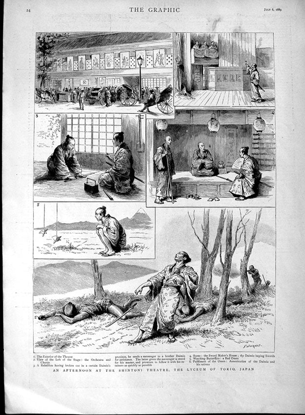 Original Old Antique Print 1889 Shintoni Theatre Lyceum Tokio Japan Orchestra