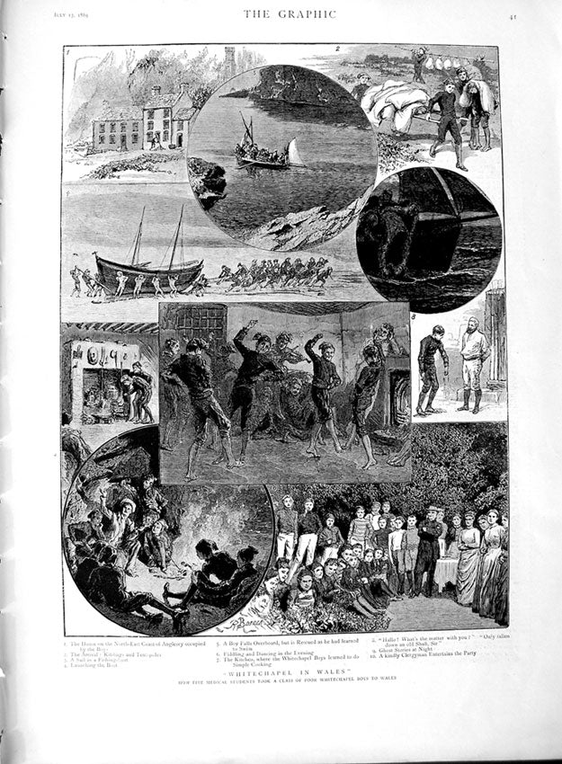 Original Old Antique Print 1889 Medical Students Whitechapel Boys Wales Boat