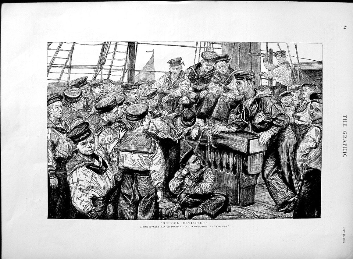 Original Old Antique Print 1889 Man--War Training Ship Exmouth Sailors Navy