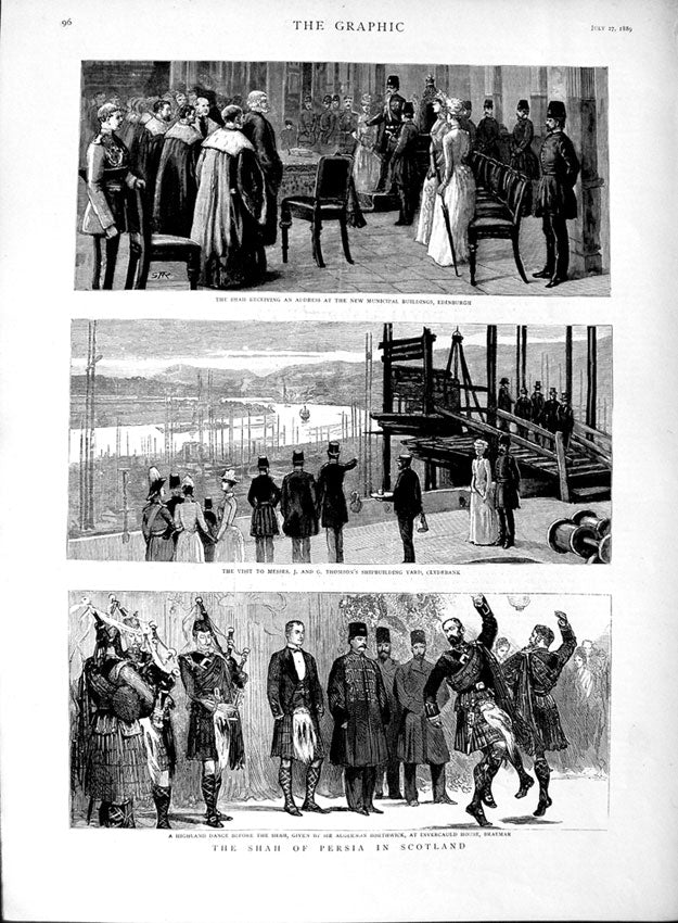 Old Antique Print 1889 Shah Persia Scotland Borthwick Braemar Clydebank 19th